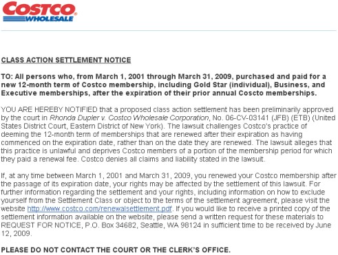 Costco Class Action Summary Notice