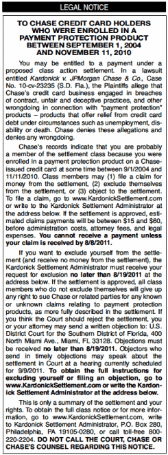 Chase Credit Card Payment Protection Class Action Settlement Notice