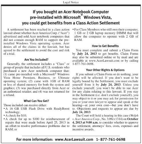 Acer Settlement Notice