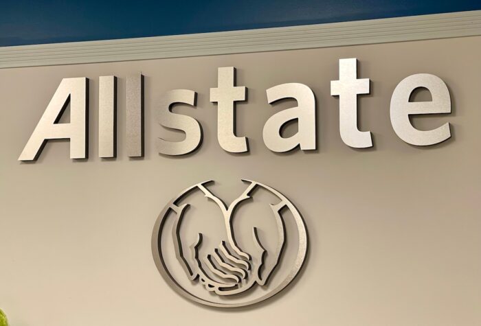 Sign featuring the logo for Allstate insurance company.