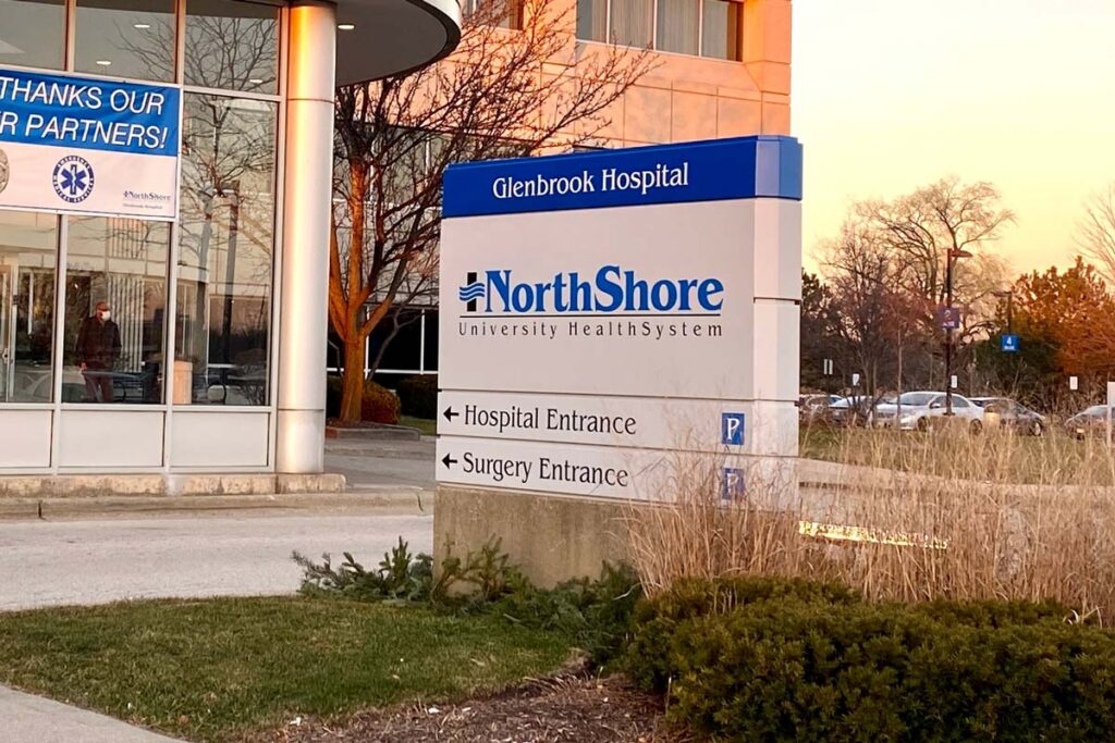 Entrance signage for a NorthShore University Hospital, representing the Northshore antitrust settlement.