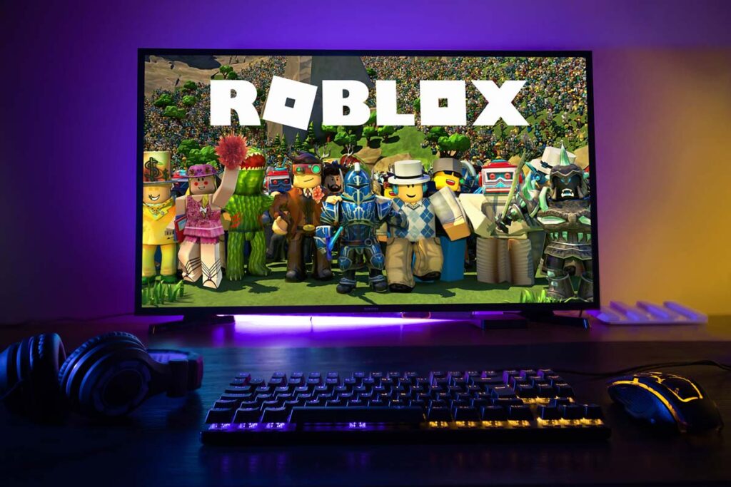 Roblox graphic displayed on a computer screen, representing the Roblox gambling and casino games class action.