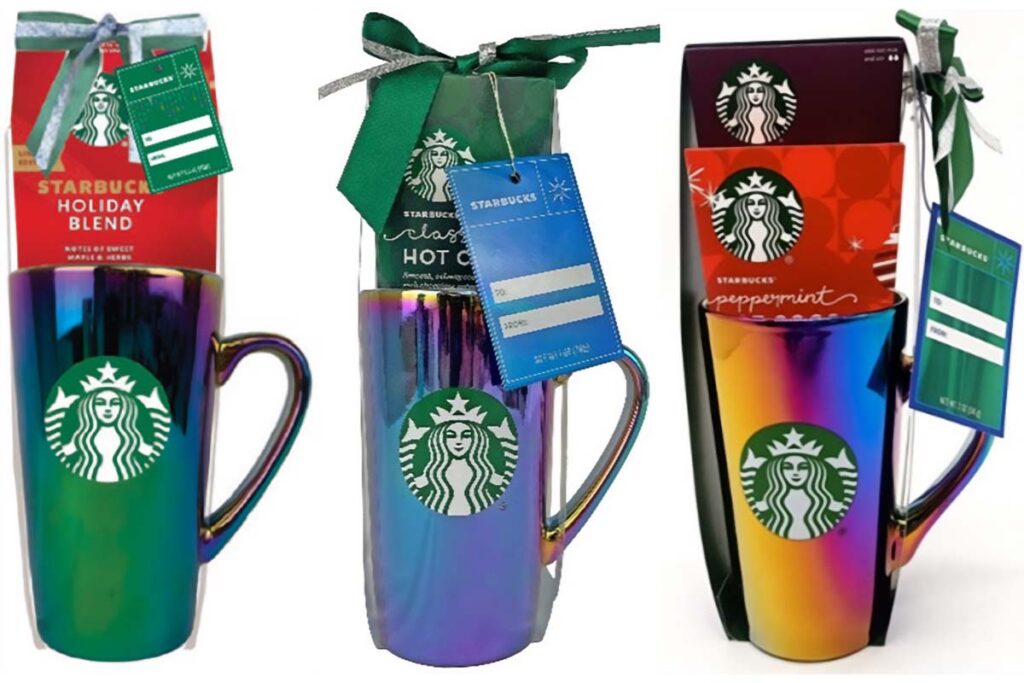 Product photos of the recalled Starbucks holiday sets, representing the Nestle mugs recall.