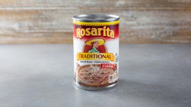 Close up of a Rosarita's refried beans can on a counter, representing the Rosarita refried beans lawsuit.