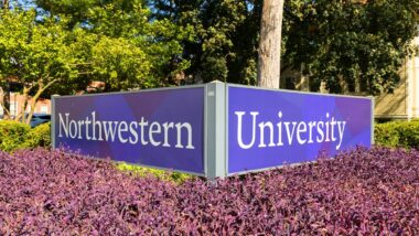 Close up of Northwestern University signage, representing the Northwestern hazing lawsuits.