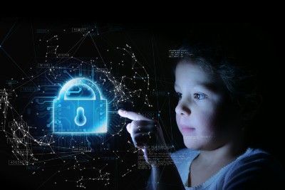 Boy points at blue digital lock - Children's Code