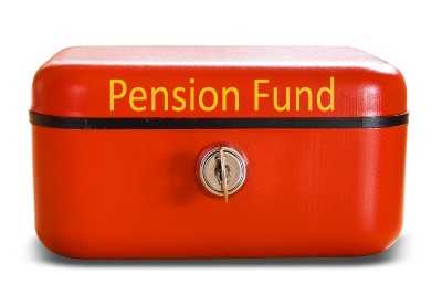 Red lockbox with words "pension fund" on front of lid - pension age