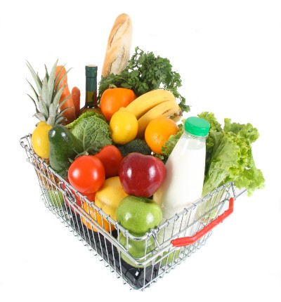 Produce and milk in a metal shopping basket - food prices