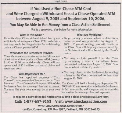 Chase ATM Fee Class Action Summary Notice