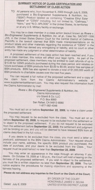BSN Supplements Short Form Notice