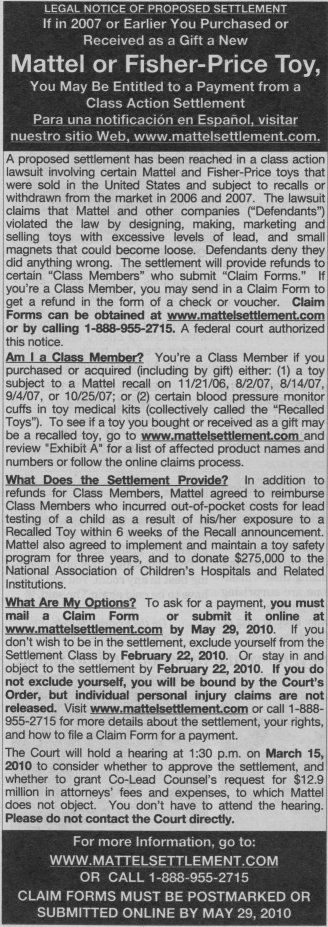 Mattel Toys Lead Paint Class Action Lawsuit Settlement Notice