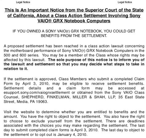 Sony VAIO GRX Notebook Computer Class Action Lawsuit Settlement Notice
