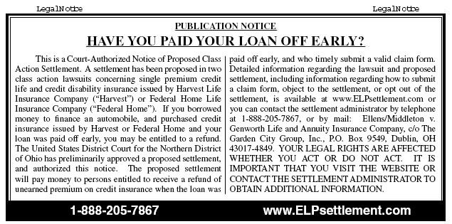 Harvest Life Federal Home Life Insurance Auto Loan Payoff Class Action Lawsuit Settlement Short Form Notice