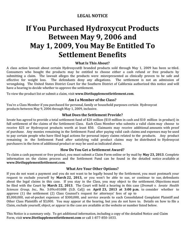 Hydroxycut Settlement Notice