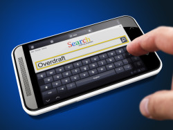 Overdraft in Search String - Finger Presses the Button on Modern Smartphone on Blue Background.
