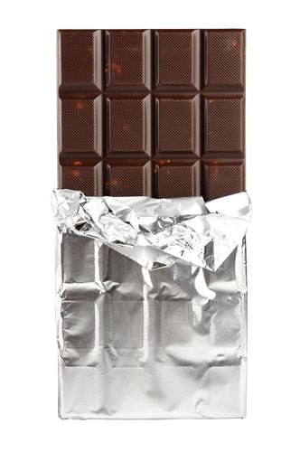 Chocolate bar in foil isolated on white background