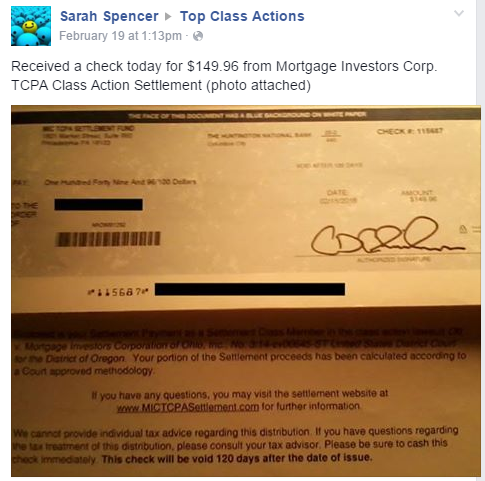 Facebook photo of check received by a TCPA settlement