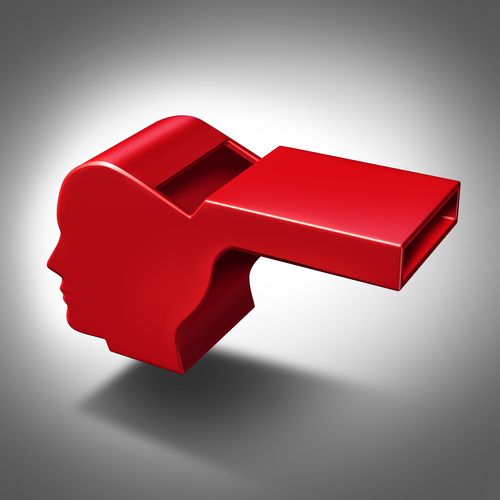 Whistle blower or whistleblower concept as a symbol of exposing corruption and misconduct for people who do not follw the rules or self defense icon with a red whistling object shaped as a human head.