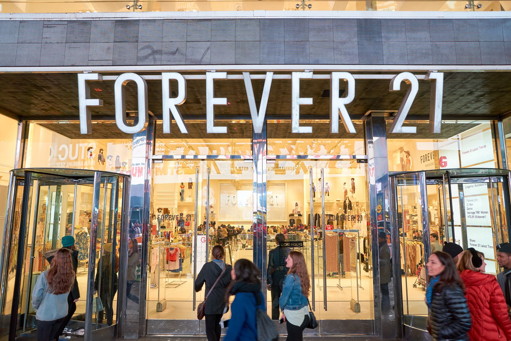 NEW YORK - MARCH 19, 2016: entryway of Forever 21 in New-York. Forever 21 is an American chain of fast fashion retailers with its headquarters in Los Angeles.