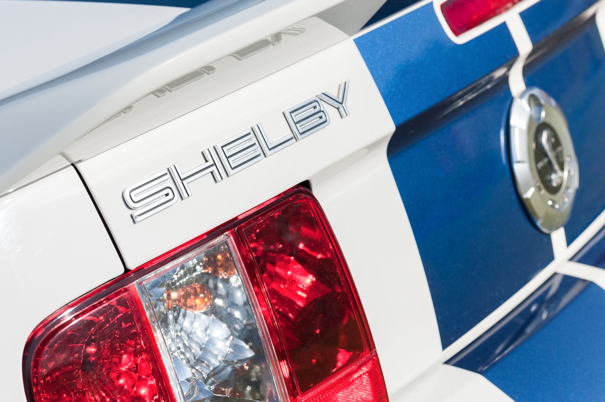 Rushmoor, UK - March 25, 2016: Vehicle badge closeup of a Ford Mustang Shelby GT500 muscle car.
