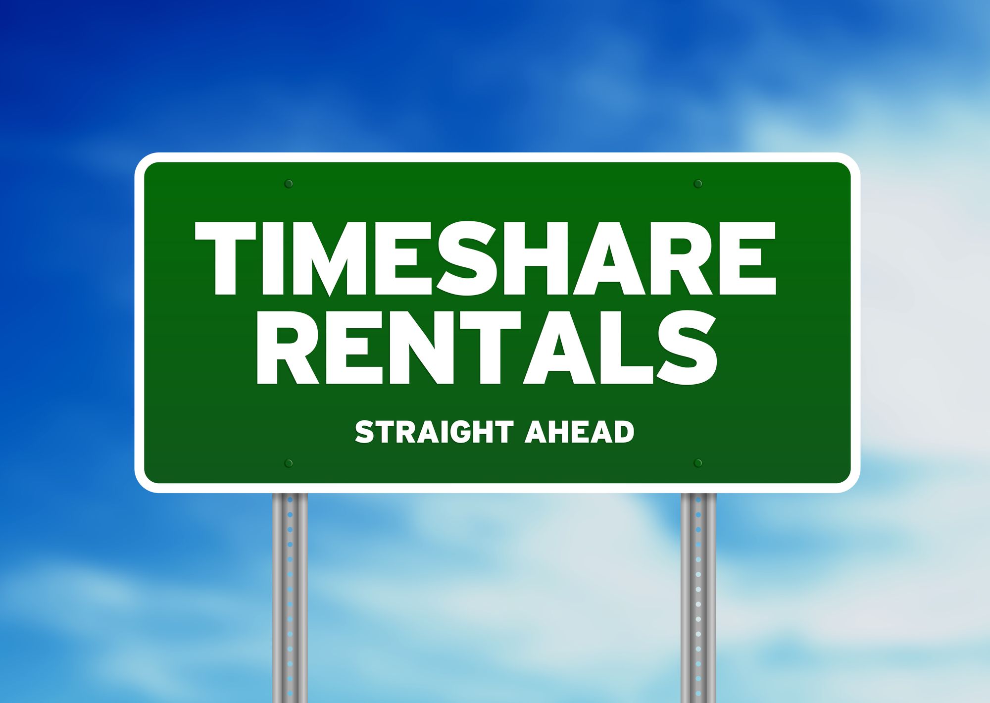 Green Timeshare Rentals highway sign on Cloud Background.