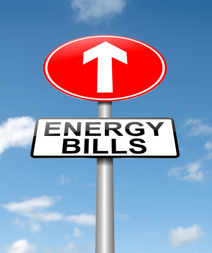 Illustration depicting a roadsign with a energy bill increase concept. Sky background.