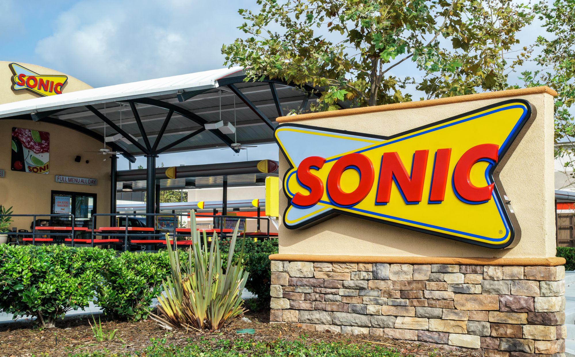 COSTA MESA, CA/USA - OCTOBER 17, 2015: Sonic Drive-In Restaurant exterior. Sonic Corp. is an American drive-in fast-food restaurant chain.