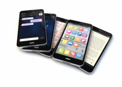 render of five smart phones with different apps on the screen