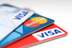 Closeup of VISA, Mastercard and Union pay credit cards.