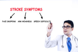 Doctor writes stroke symptoms on whiteboard, isolated on white background