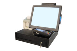 Point of sale touch screen system with thermal printer and cash drawer