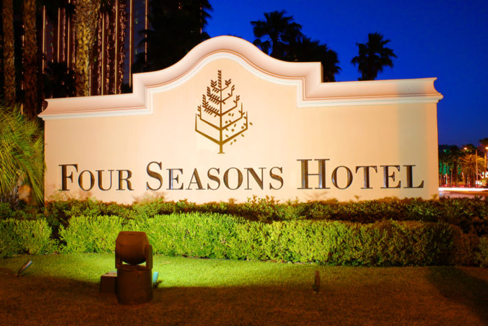 Las Vegas, USA - May 23, 2012: The Four Seasons Hotel sign in Las Vegas, Nevada. The Four Seasons operates on the top floors of THEhotel building and opened in 1999.
