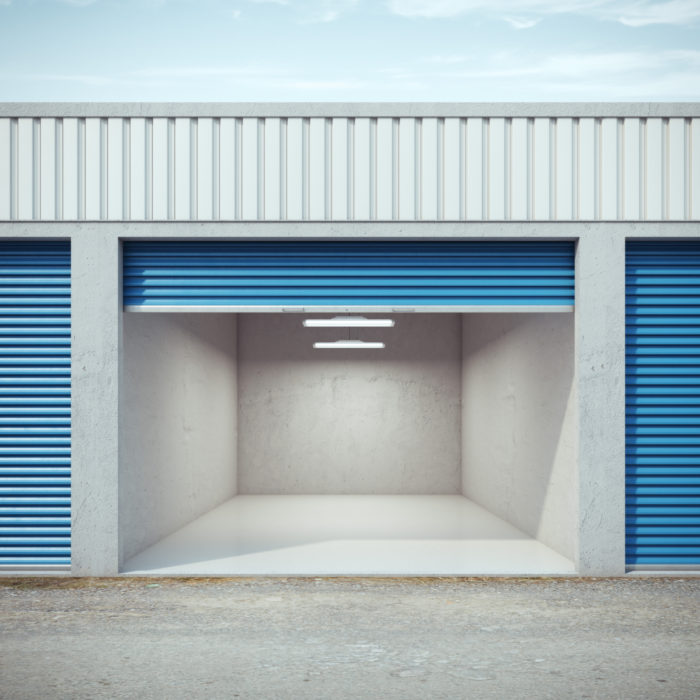 Empty storage unit with opened door. 3d rendering