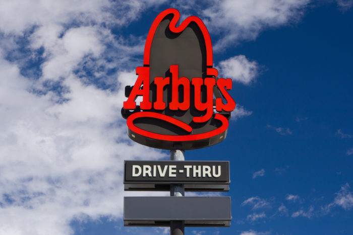 drive thru sign at an Arby's restaurant