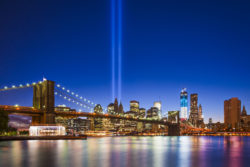 Searchlights mark the former locations of the World Trade Center towers.