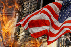 Burning house with American flag