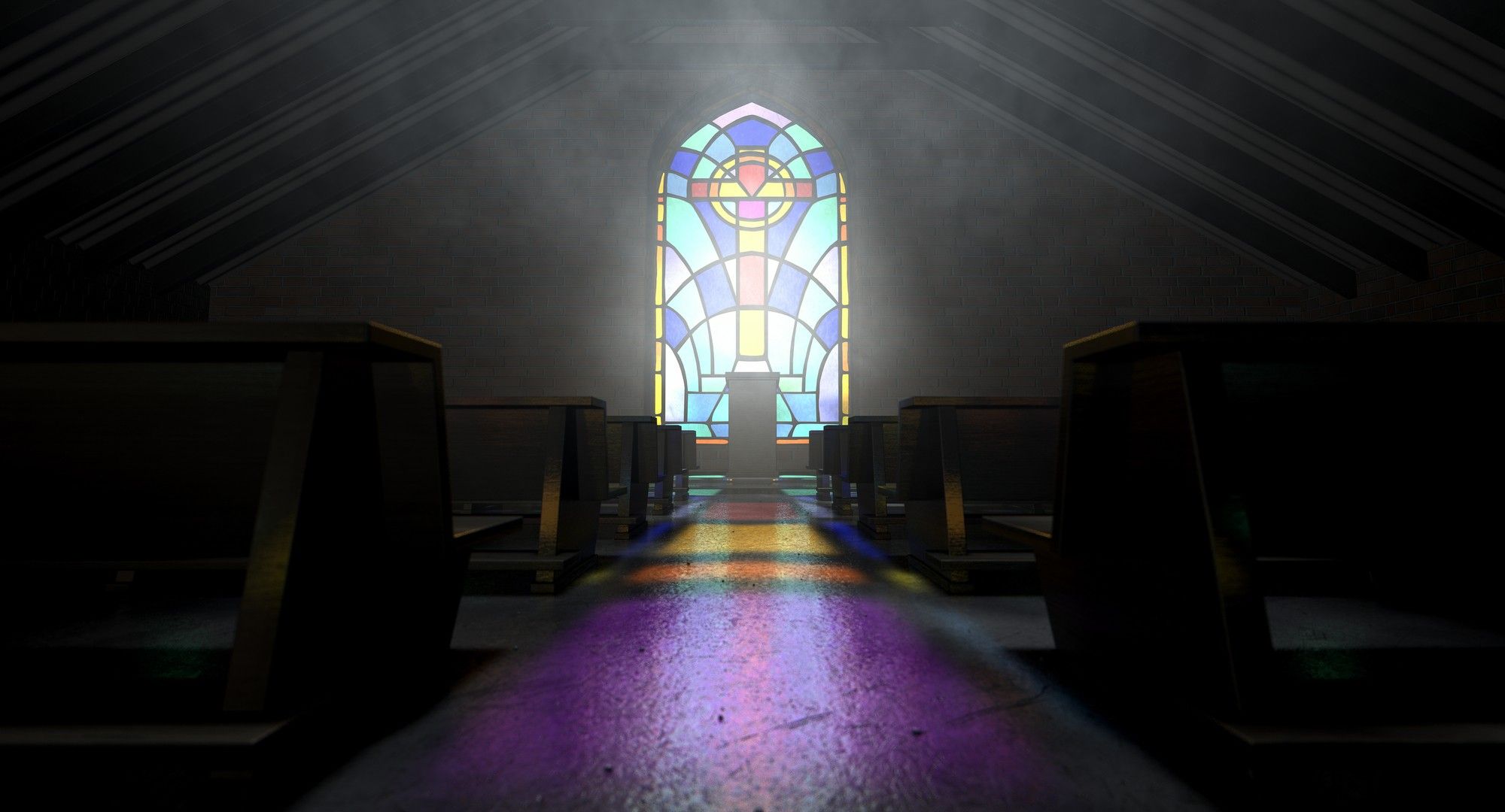 Church interior with stained glass