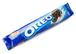 Package of oreo cookies on white background