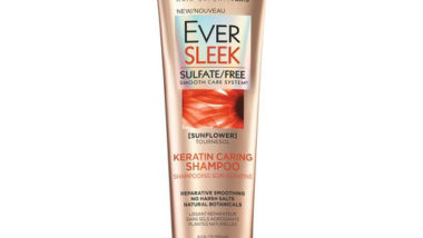 bottle of L'Oreal Eversleek sulfate free keratin caring shampoo