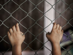 A child's hands hold a chain link fence.