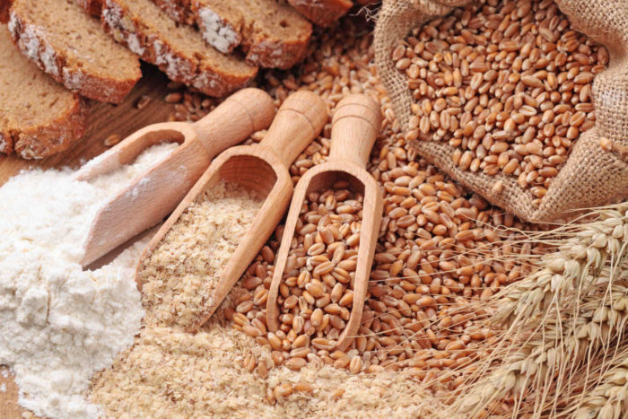 Wheat grains, bran, and flour