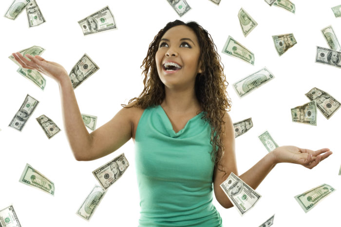 woman with settlement money raining on her