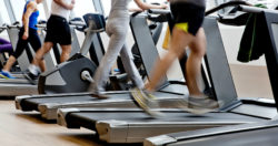 People running on treadmills in a health club