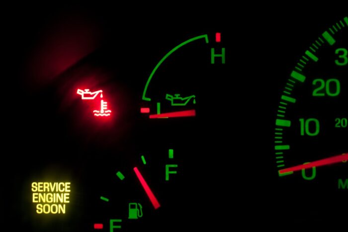 dash with no oil pressure and service engine light on, fuel gage, and oil gage