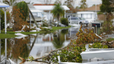 A flooded Florida street with downed trees and damaged housing littering the ground.