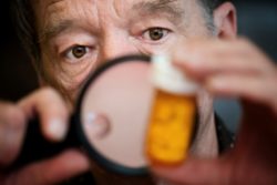 Man looking at medicine bottle with magnifying glass