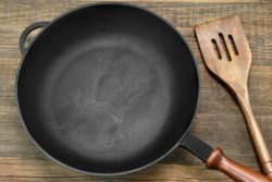 nonstick pan with wooden spoon