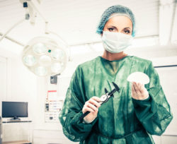 Female plastic surgeon prepares to start breast implant surgery.
