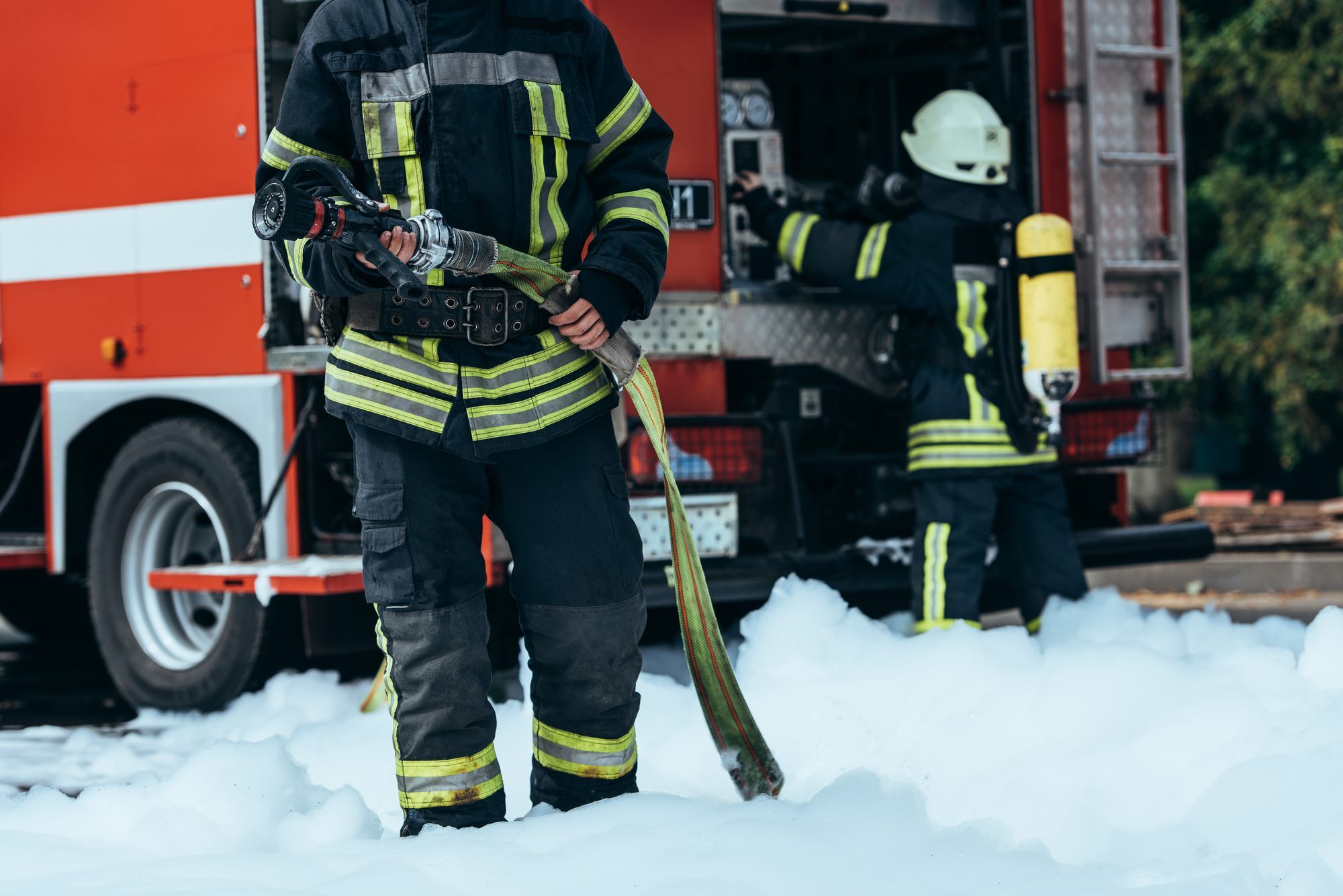 firefighter surrounded by foam - tyco fire products - peshtigo