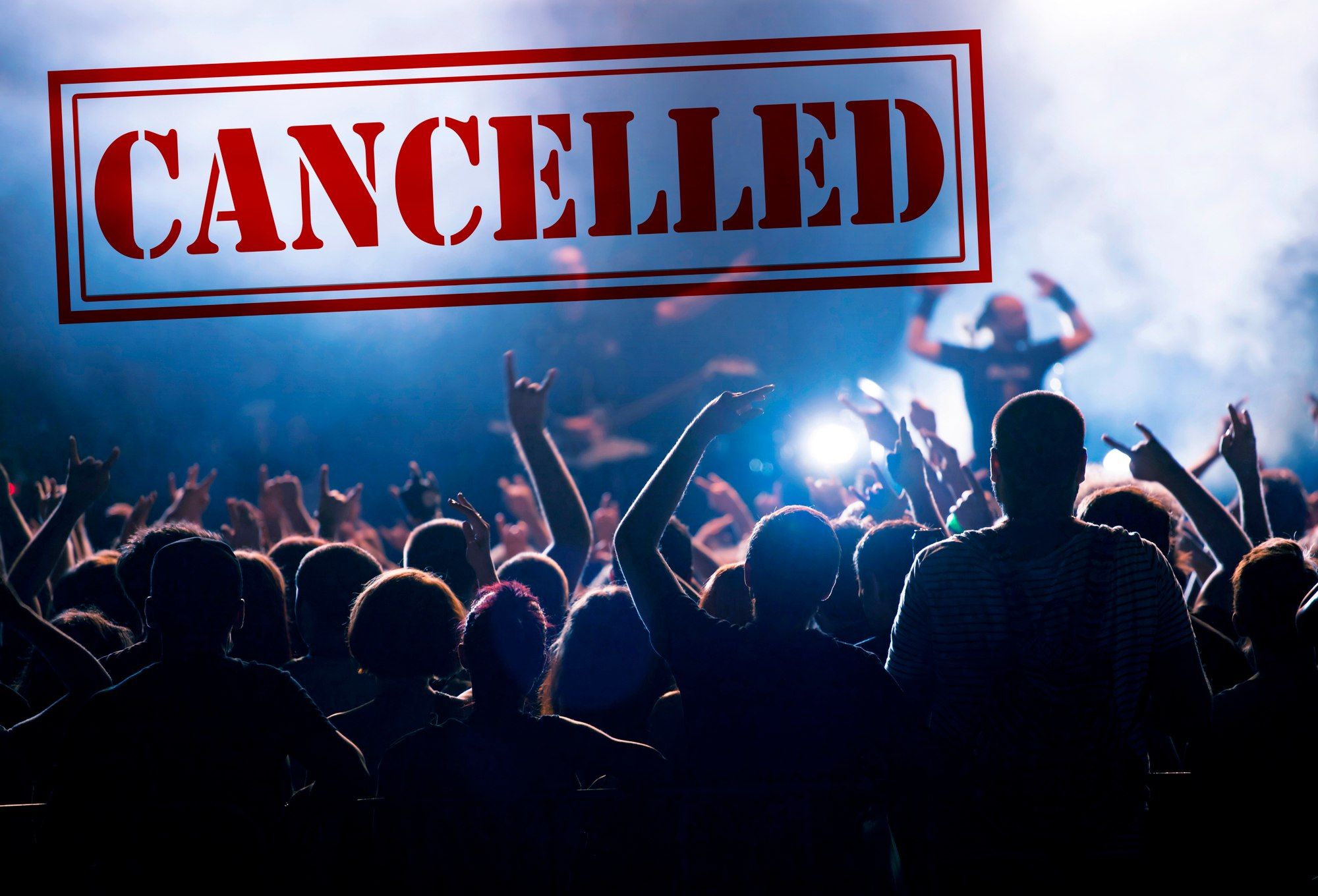 "Cancelled" stamped over a photo of a crowd at a concert - vivid seats class action - event cancellation